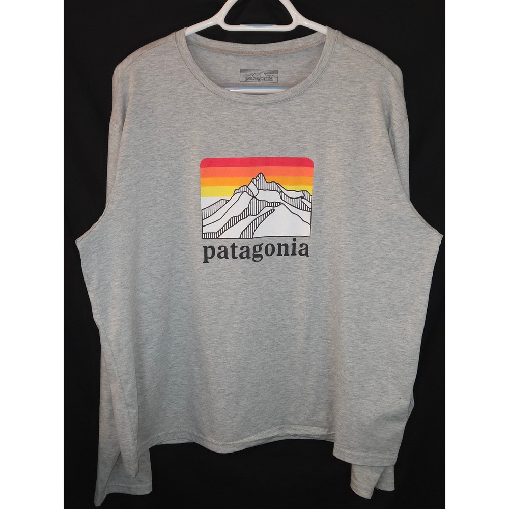 Patagonia Mens Long Sleeve T Shirt Graphic Mountains Sunset Gray Size L